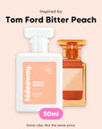 hideaway. Peachy Nights perfume 50ml beside the Tom Ford Bitter Peach bottle it is inspired by, handmade on the Gold Coast