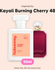 hideaway. Cherry Blaze perfume 50ml beside the Kayali Burning Cherry 48 bottle it is inspired by, handmade on the Gold Coast