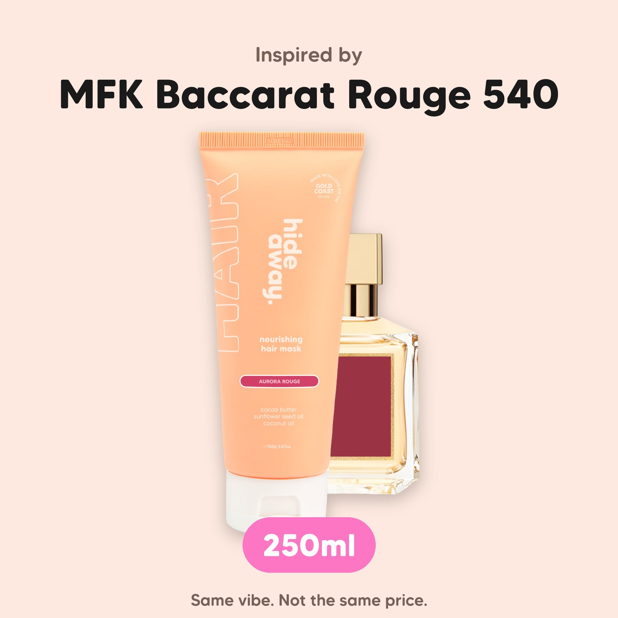 hideaway. Aurora Rouge Hair Mask, inspired by MFK Baccarat Rouge 540, 250ml, made in Australia