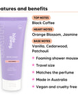 Mini Black Essence Shower Mousse features, top notes Black Coffee, heart notes Orange Blossom, Jasmine, base notes Vanilla, Cedarwood, Patchouli, travel size, vegan and cruelty free