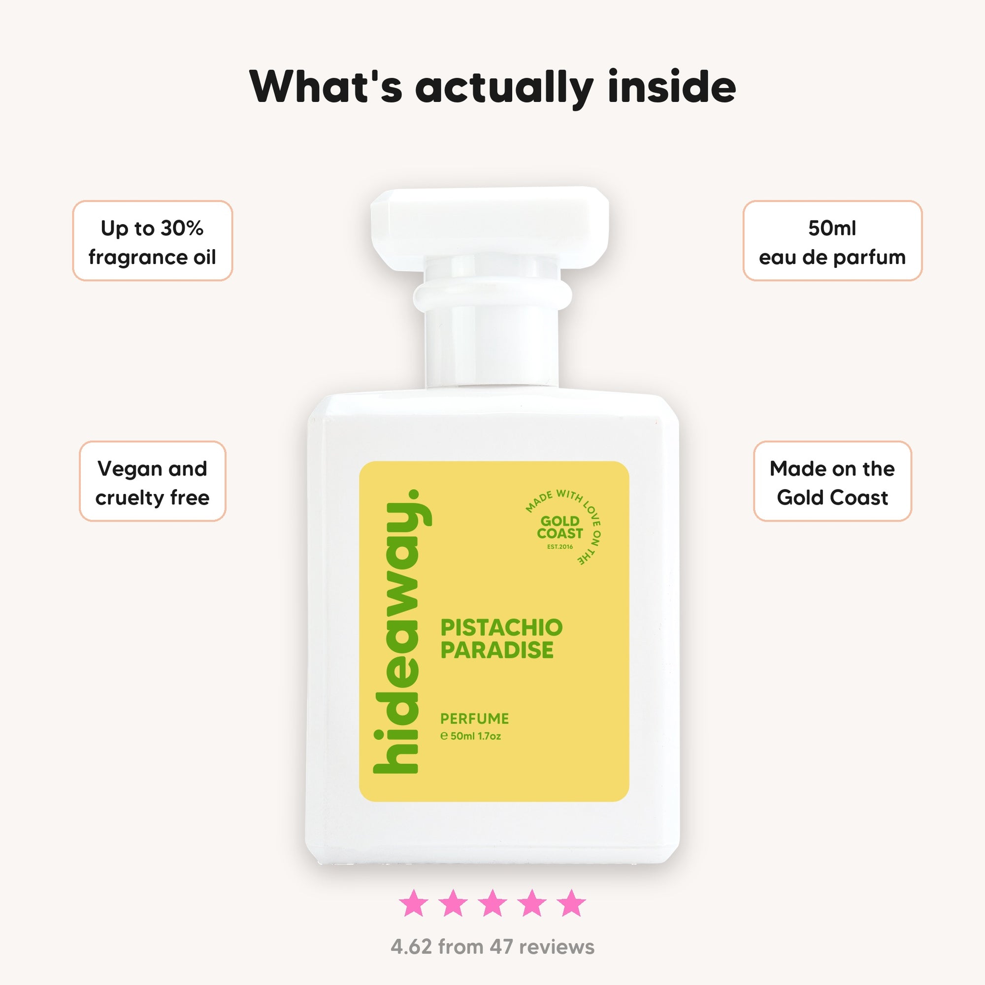 What's inside hideaway. Pistachio Paradise perfume, up to 30% fragrance oil, 50ml eau de parfum, vegan and cruelty free, made on the Gold Coast, rated 4.62 from 47 reviews