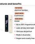 Cosmic Kiss Perfume 10ml features, top notes Jasmine Sambac, heart notes Cashmeran, base notes Amber, 10ml, vegan and cruelty free