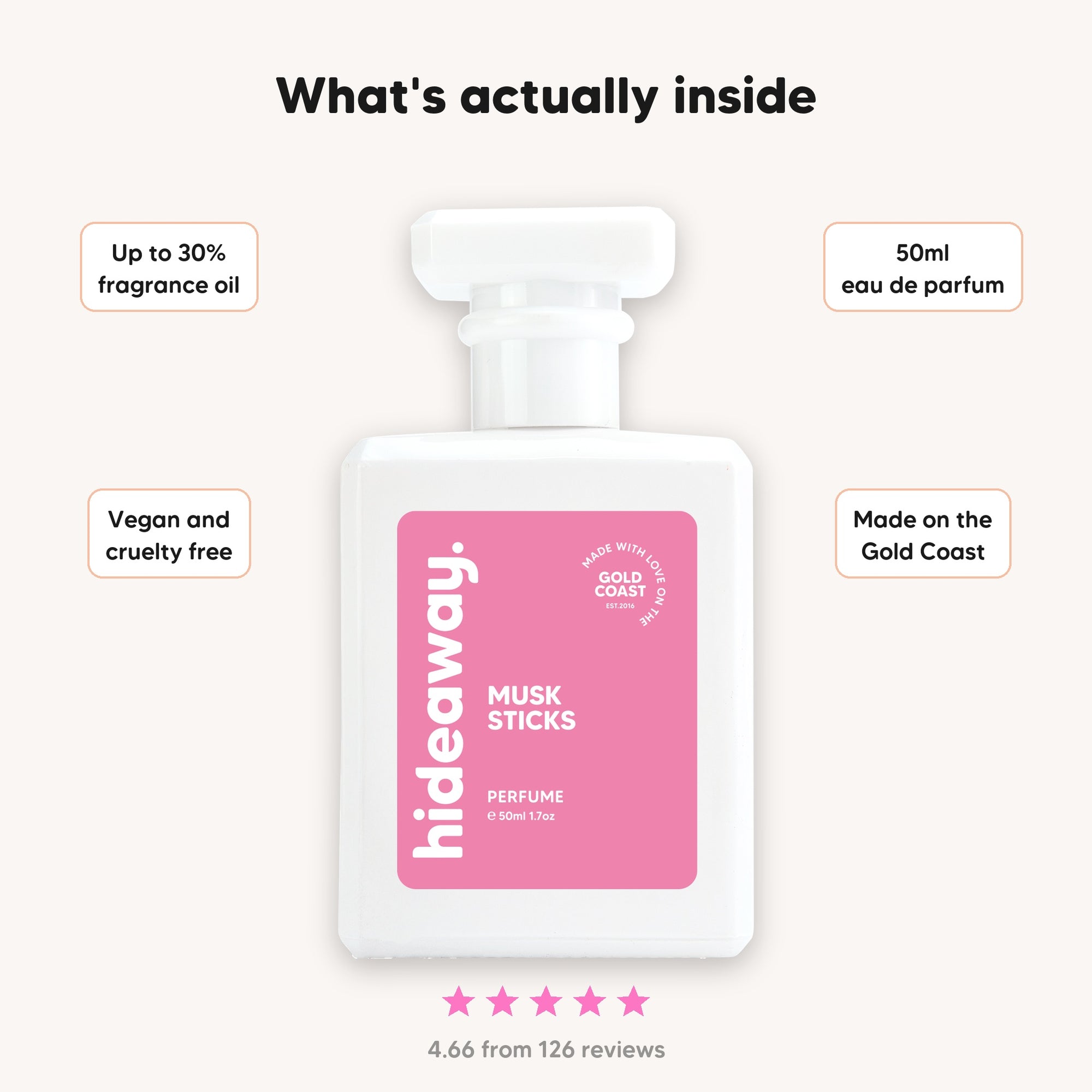 What's inside hideaway. Musk Sticks perfume, up to 30% fragrance oil, 50ml eau de parfum, vegan and cruelty free, made on the Gold Coast, rated 4.66 from 126 reviews