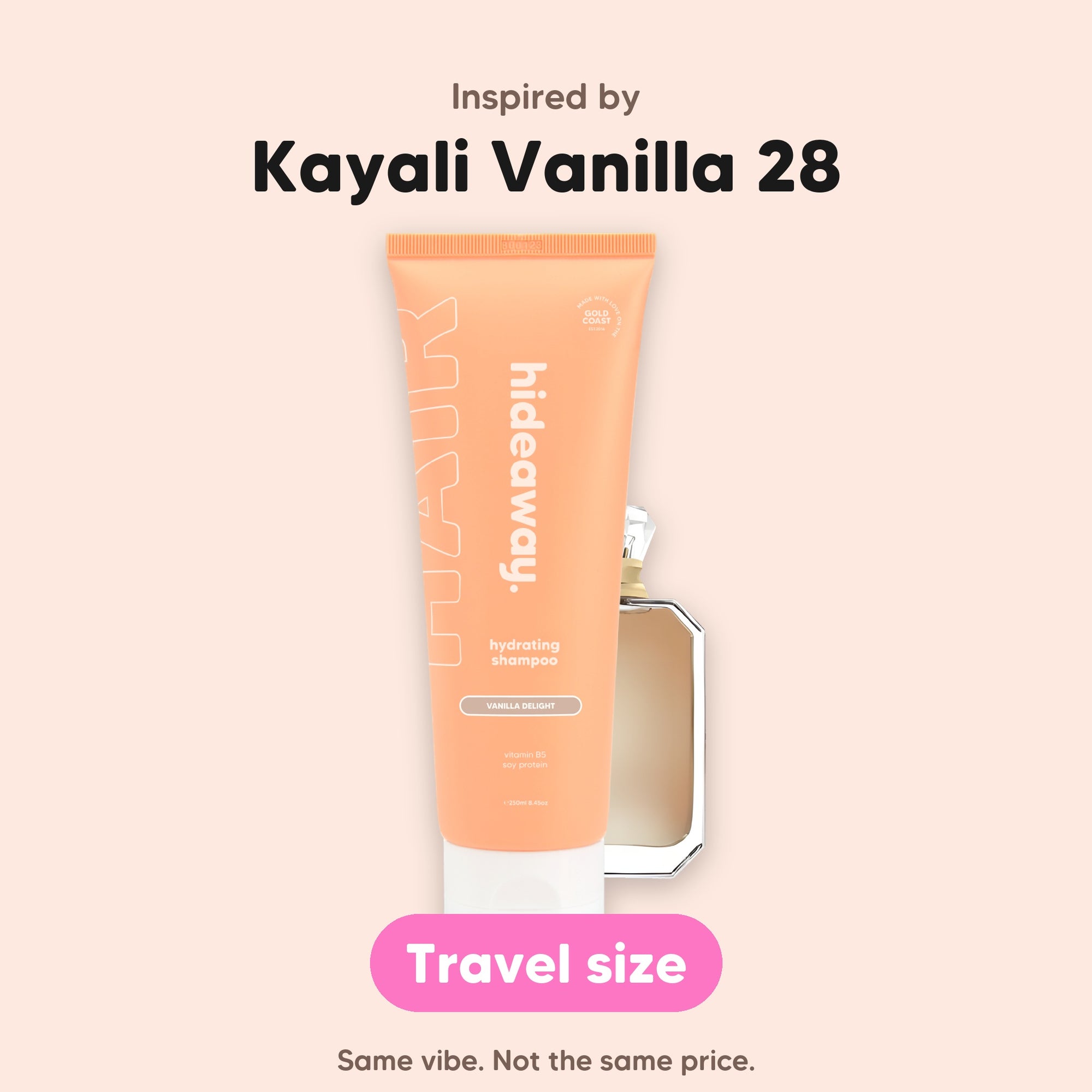 hideaway. Mini Vanilla Delight Shampoo, inspired by Kayali Vanilla 28, travel size, made in Australia