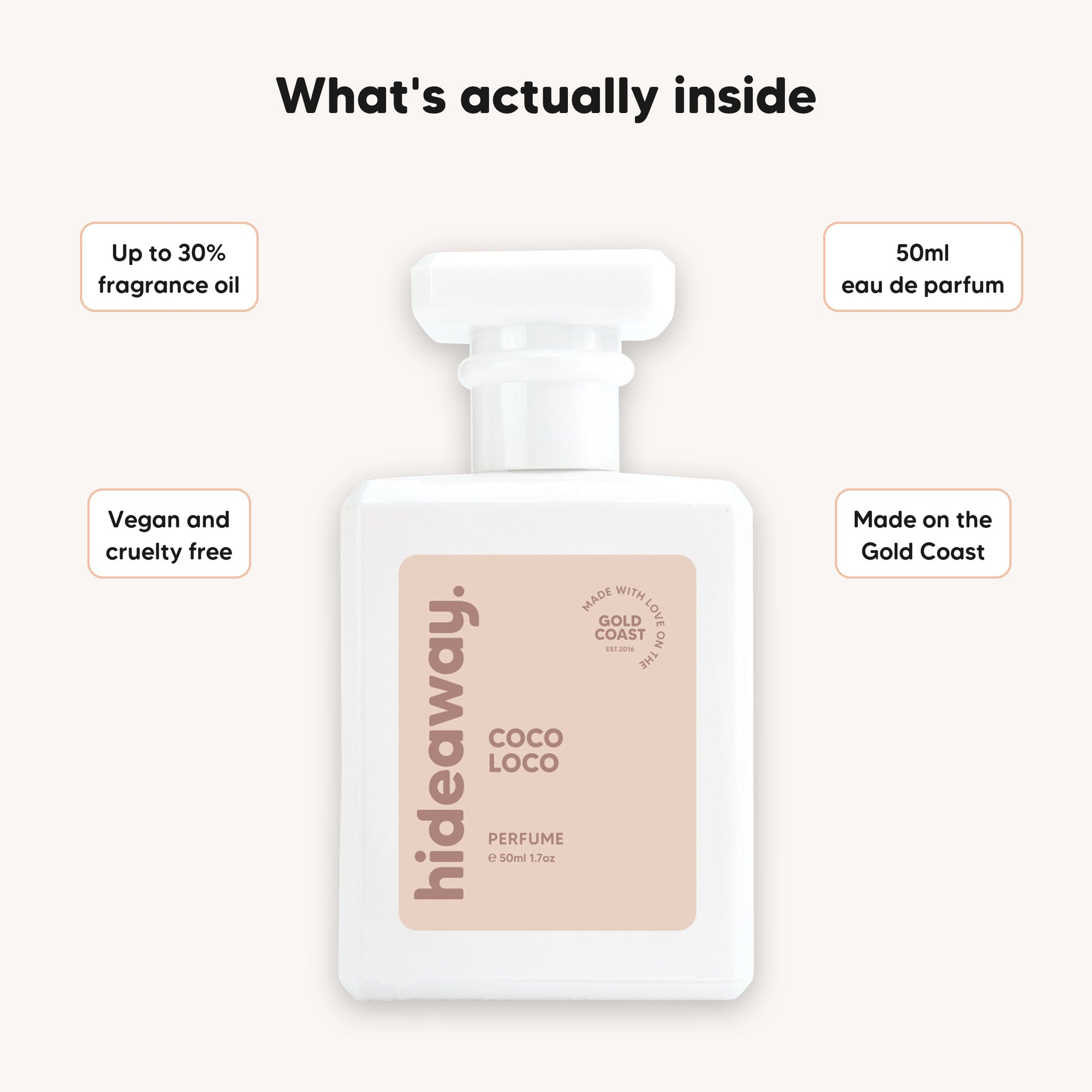 What's inside hideaway. Coco Loco perfume, up to 30% fragrance oil, 50ml eau de parfum, vegan and cruelty free, made on the Gold Coast