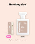 hideaway. Vanilla Delight perfume 10ml travel size beside the 50ml bottle, handbag size