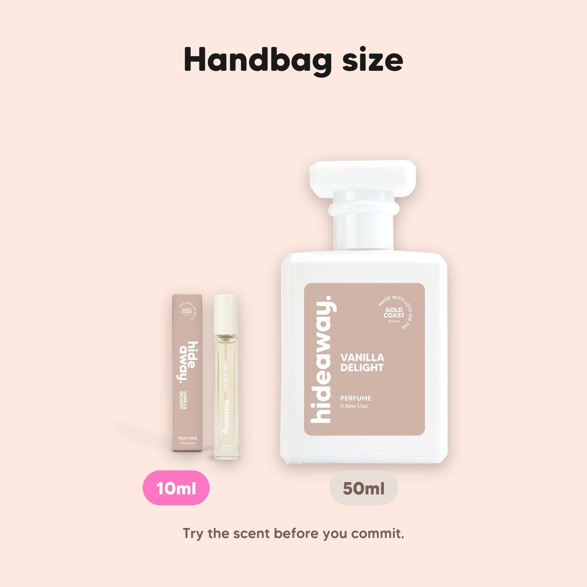 hideaway. Vanilla Delight perfume 10ml travel size beside the 50ml bottle, handbag size