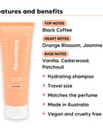 Mini Black Essence Shampoo features, top notes Black Coffee, heart notes Orange Blossom, Jasmine, base notes Vanilla, Cedarwood, Patchouli, travel size, vegan and cruelty free