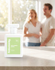hideaway. Kiwi Berry Bang perfume 50ml bottle on a stone benchtop in a bright kitchen