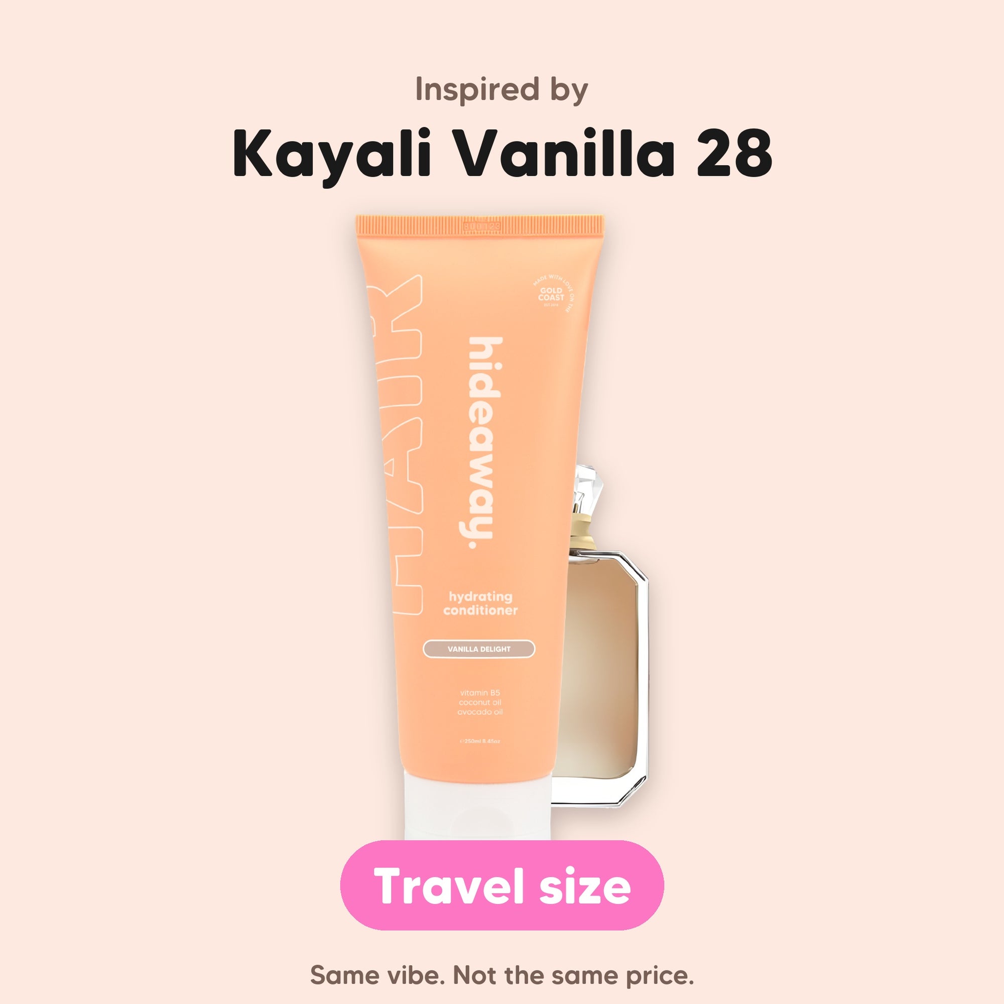 hideaway. Mini Vanilla Delight Conditioner, inspired by Kayali Vanilla 28, travel size, made in Australia