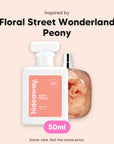 hideaway. Fairy Tears perfume 50ml beside the Floral Street Wonderland Peony bottle it is inspired by, handmade on the Gold Coast