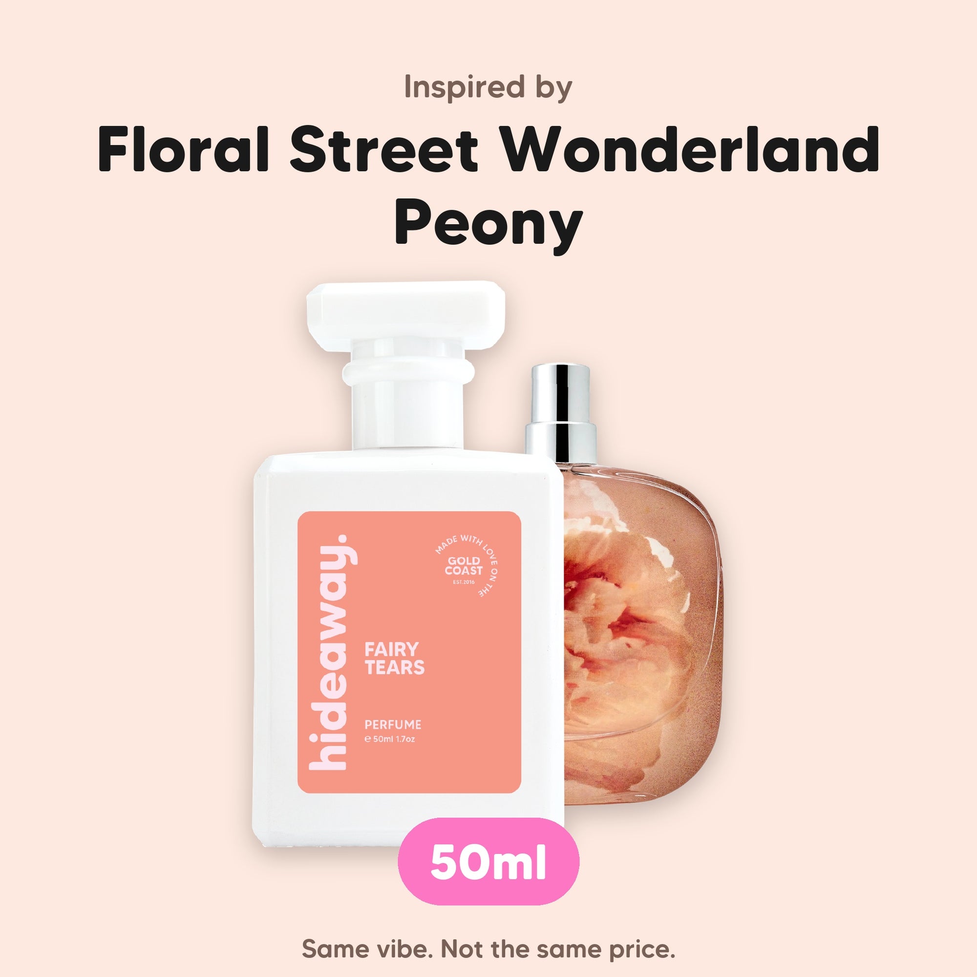 hideaway. Fairy Tears perfume 50ml beside the Floral Street Wonderland Peony bottle it is inspired by, handmade on the Gold Coast