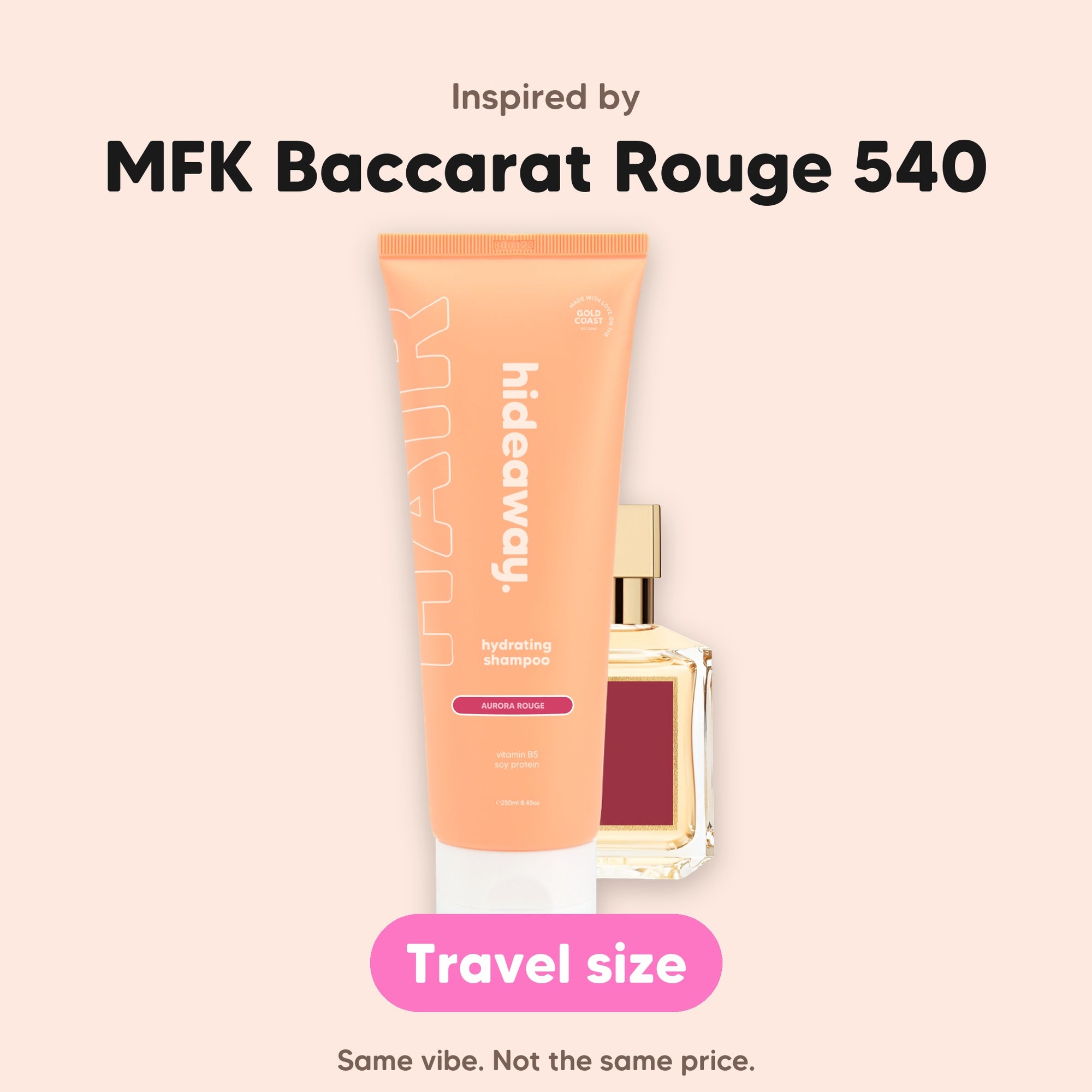 hideaway. Mini Aurora Rouge Shampoo, inspired by MFK Baccarat Rouge 540, travel size, made in Australia