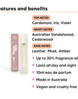 Sandalwood Grove Perfume 10ml features, top notes Cardamom, Iris, Violet, heart notes Australian Sandalwood, Cedarwood, base notes Leather, Musk, Amber, 10ml, vegan and cruelty free