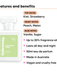 Kiwi Berry Bang perfume scent notes, top notes Kiwi, Strawberry, heart notes Peach, Melon, base notes Vanilla, Sugar