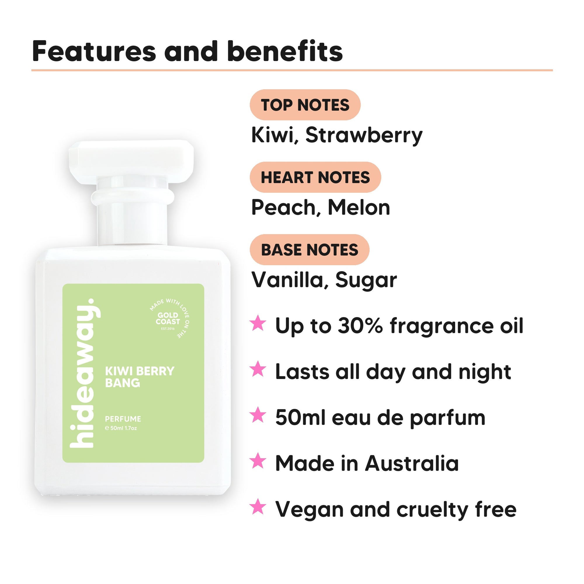 Kiwi Berry Bang perfume scent notes, top notes Kiwi, Strawberry, heart notes Peach, Melon, base notes Vanilla, Sugar