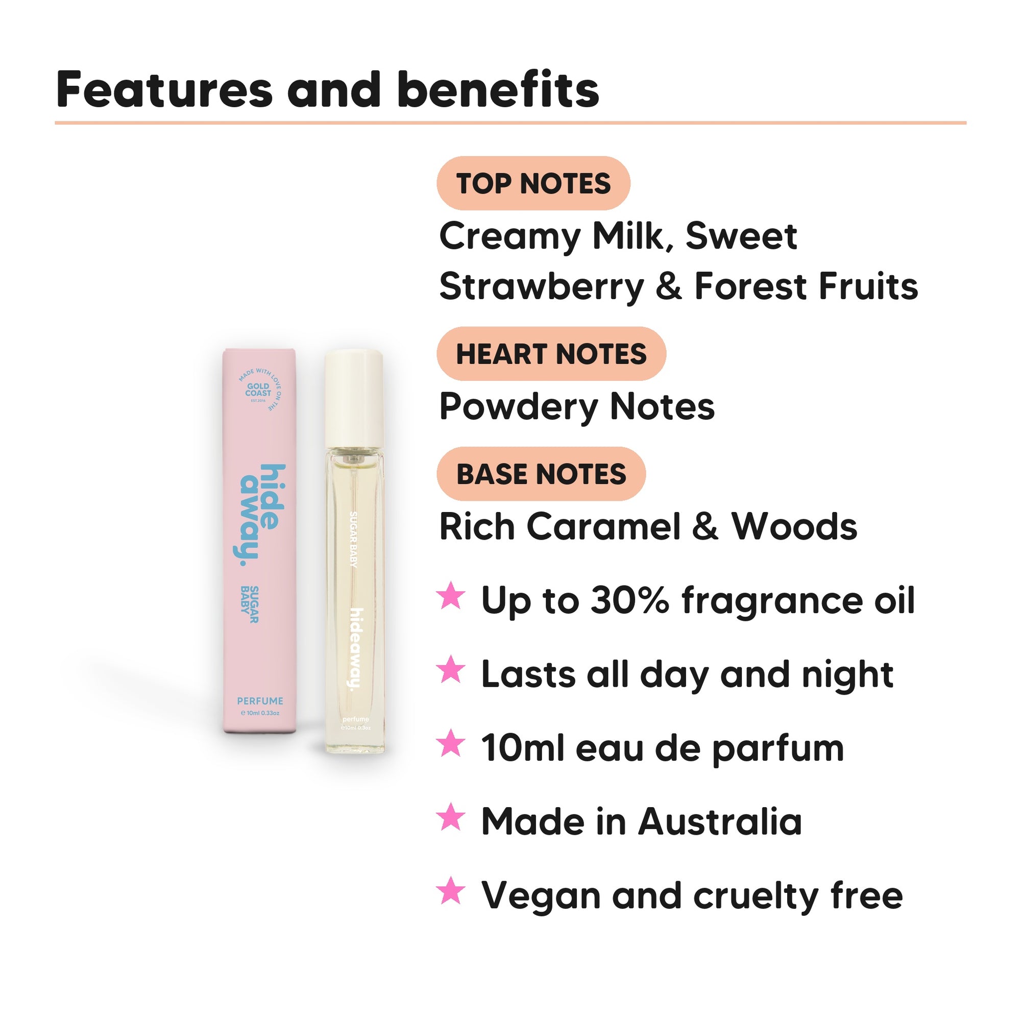 Sugar Baby Perfume 10ml features, top notes Creamy Milk, Sweet Strawberry & Forest Fruits., heart notes Powdery Notes., base notes Rich Caramel & Woods., 10ml, vegan and cruelty free