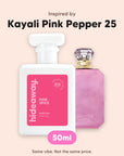 hideaway. Pink Spice perfume 50ml beside the Kayali Pink Pepper 25 bottle it is inspired by, handmade on the Gold Coast