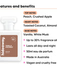 Vanilla Coconut perfume scent notes, top notes Peach, Crushed Apple, heart notes Toasted Coconut, Almond, base notes Vanilla, White Musk