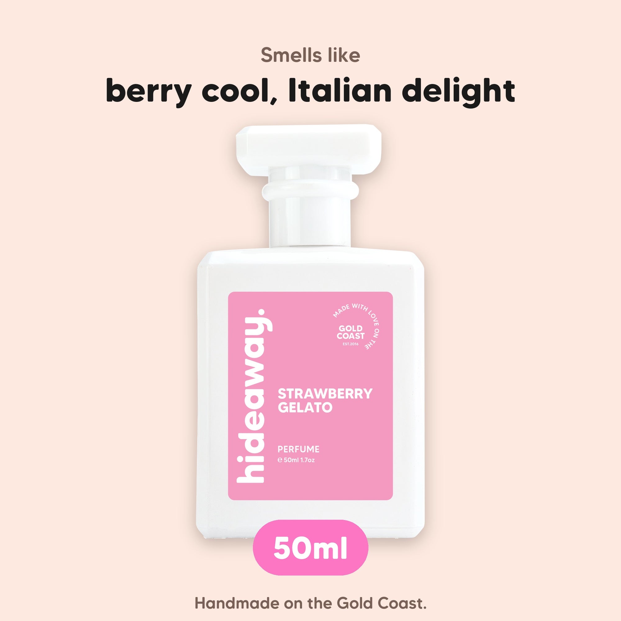 hideaway. Strawberry Gelato perfume 50ml bottle, vegan and handmade on the Gold Coast