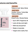 Smoke & Sugar perfume scent notes, top notes Tobacco Leaf, Spicy Notes, heart notes Vanilla, Cacao, Tonka Bean, Tobacco Blossom, base notes Dried Fruits, Woody Notes
