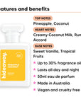 Pineapple Coconut perfume scent notes, top notes Pineapple, Coconut, heart notes Creamy Coconut Milk, Rum Accord, base notes Sweet Vanilla, Tropical Fruits