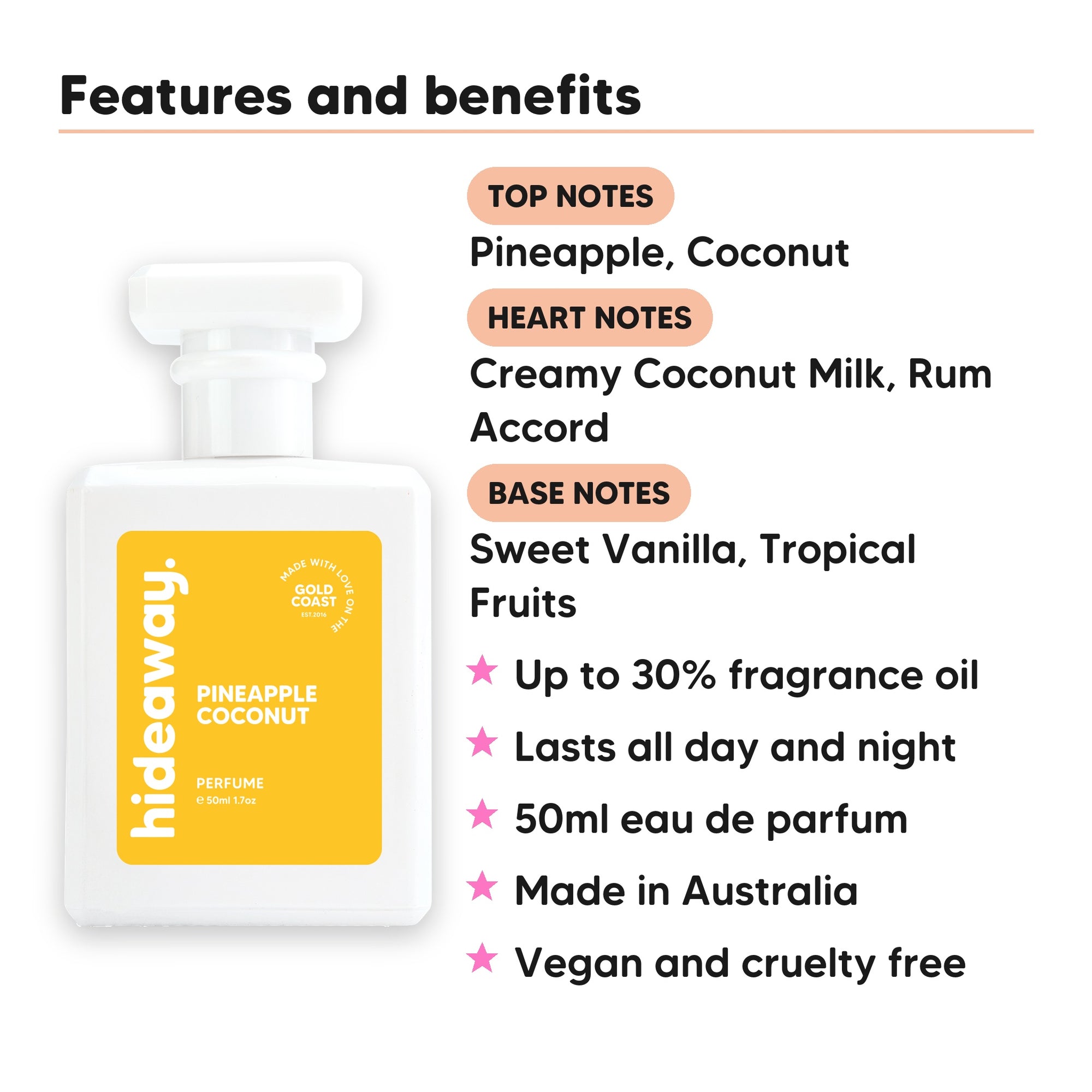 Pineapple Coconut perfume scent notes, top notes Pineapple, Coconut, heart notes Creamy Coconut Milk, Rum Accord, base notes Sweet Vanilla, Tropical Fruits