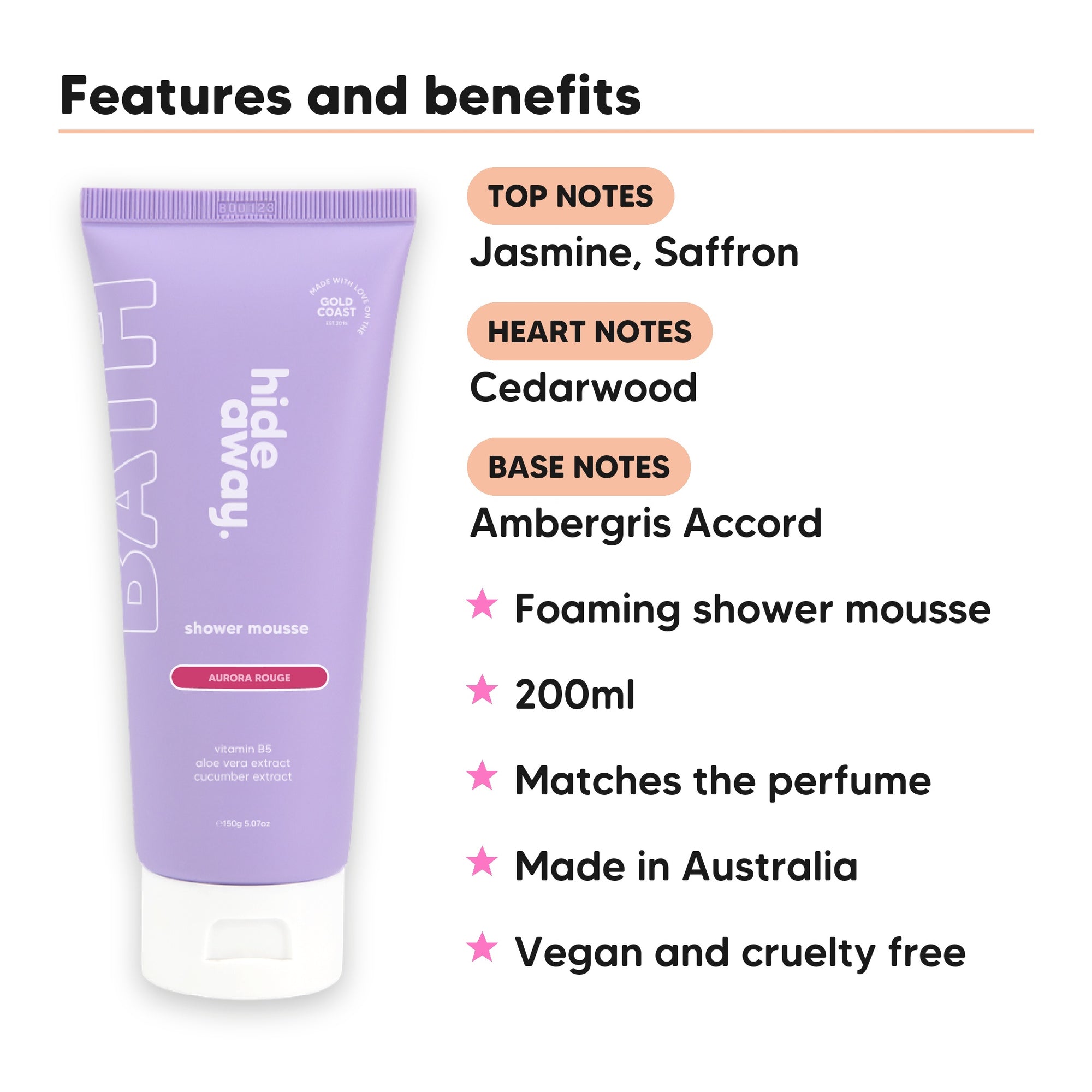 Aurora Rouge Shower Mousse features, top notes Jasmine, Saffron, heart notes Cedarwood, base notes Ambergris Accord, 200ml, vegan and cruelty free