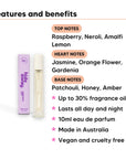 Corporate Lady Perfume 10ml features, top notes Raspberry, Neroli, Amalfi Lemon, heart notes Jasmine, Orange Flower, Gardenia, base notes Patchouli, Honey, Amber, 10ml, vegan and cruelty free