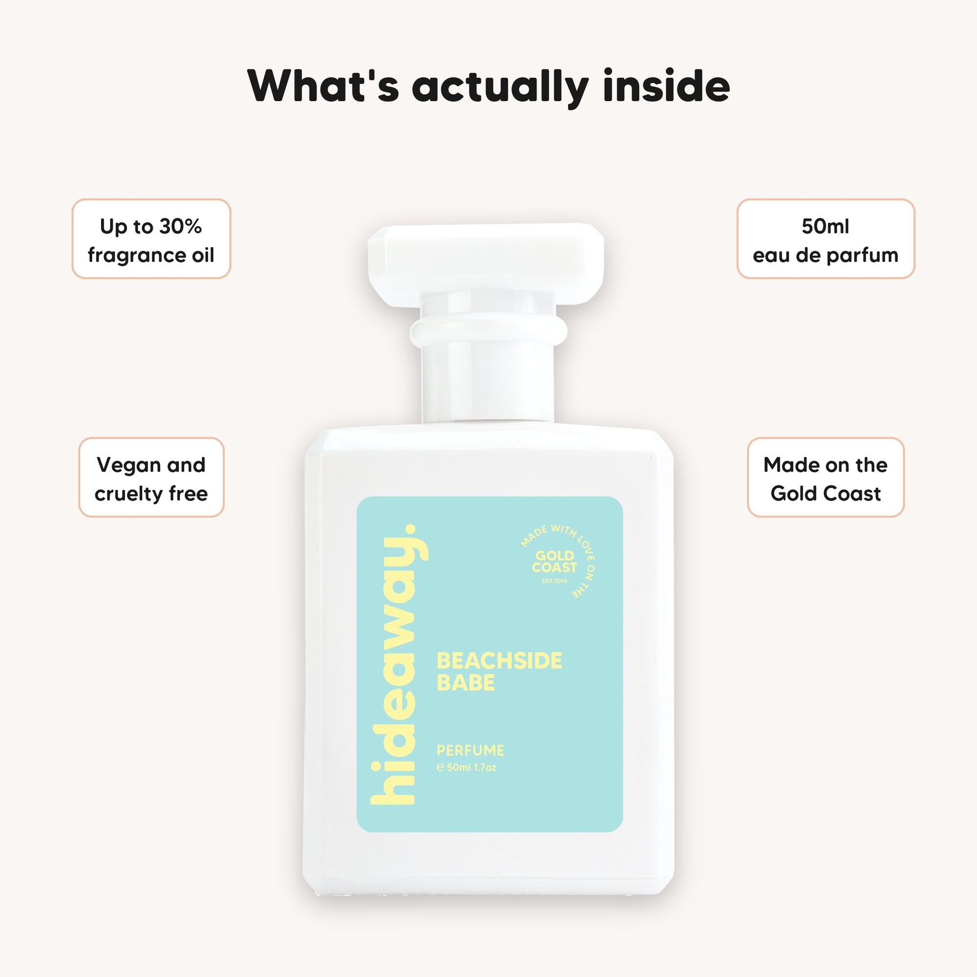 What's inside hideaway. Beachside Babe perfume, up to 30% fragrance oil, 50ml eau de parfum, vegan and cruelty free, made on the Gold Coast