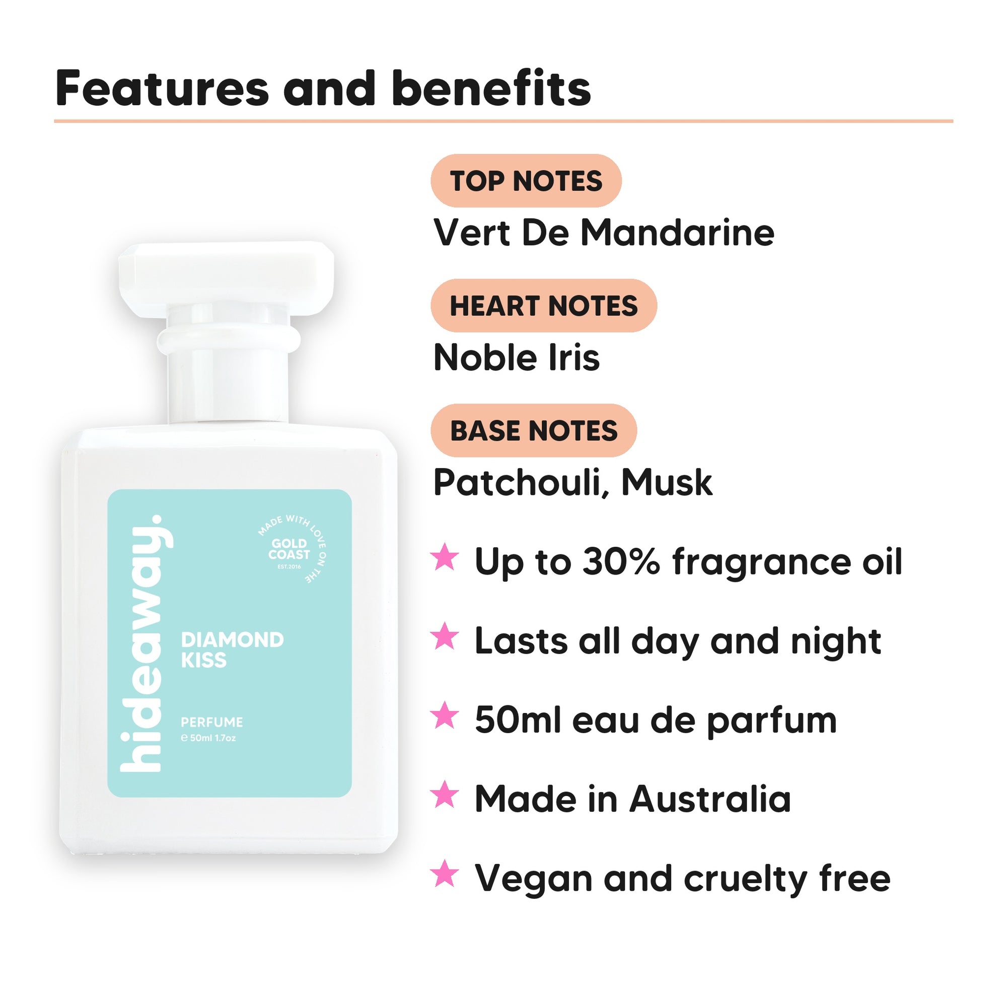 Diamond Kiss perfume scent notes, top notes Vert De Mandarine, heart notes Noble Iris, base notes Patchouli, Musk