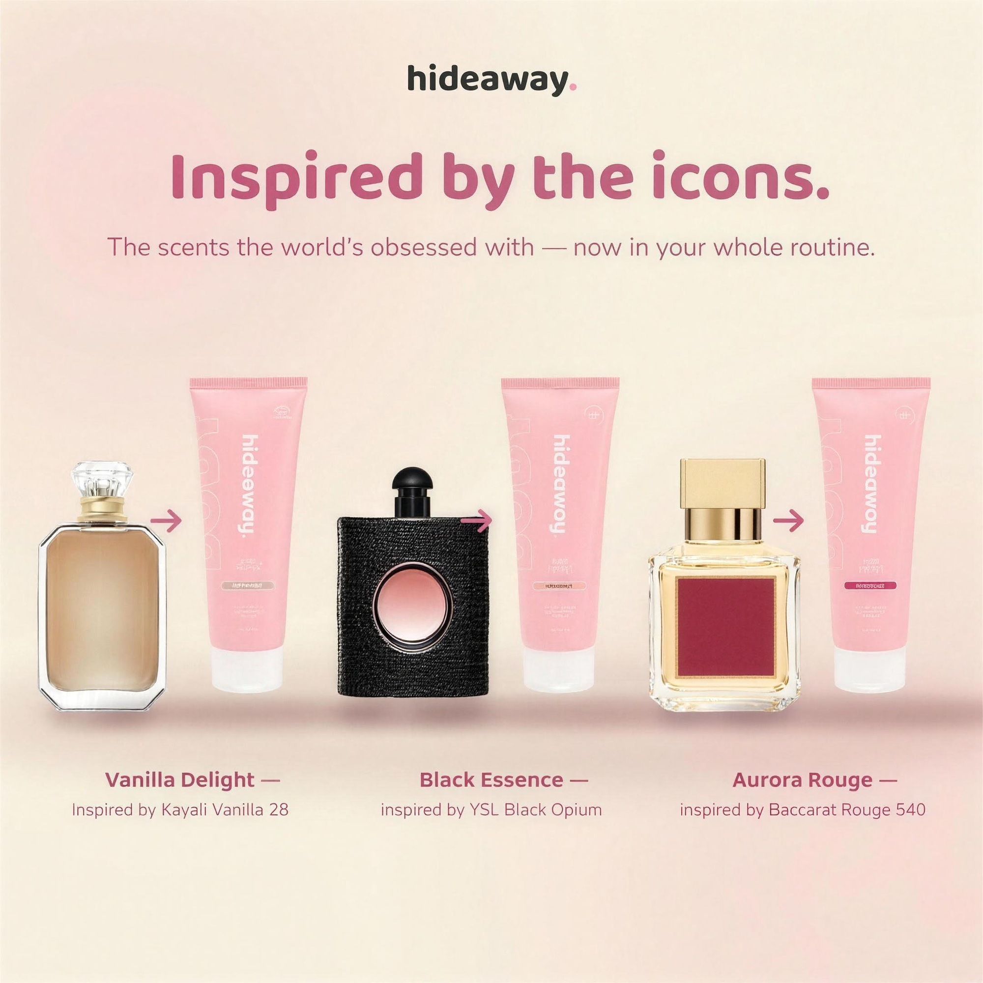 Inspired by the icons — Vanilla Delight, Black Essence and Aurora Rouge