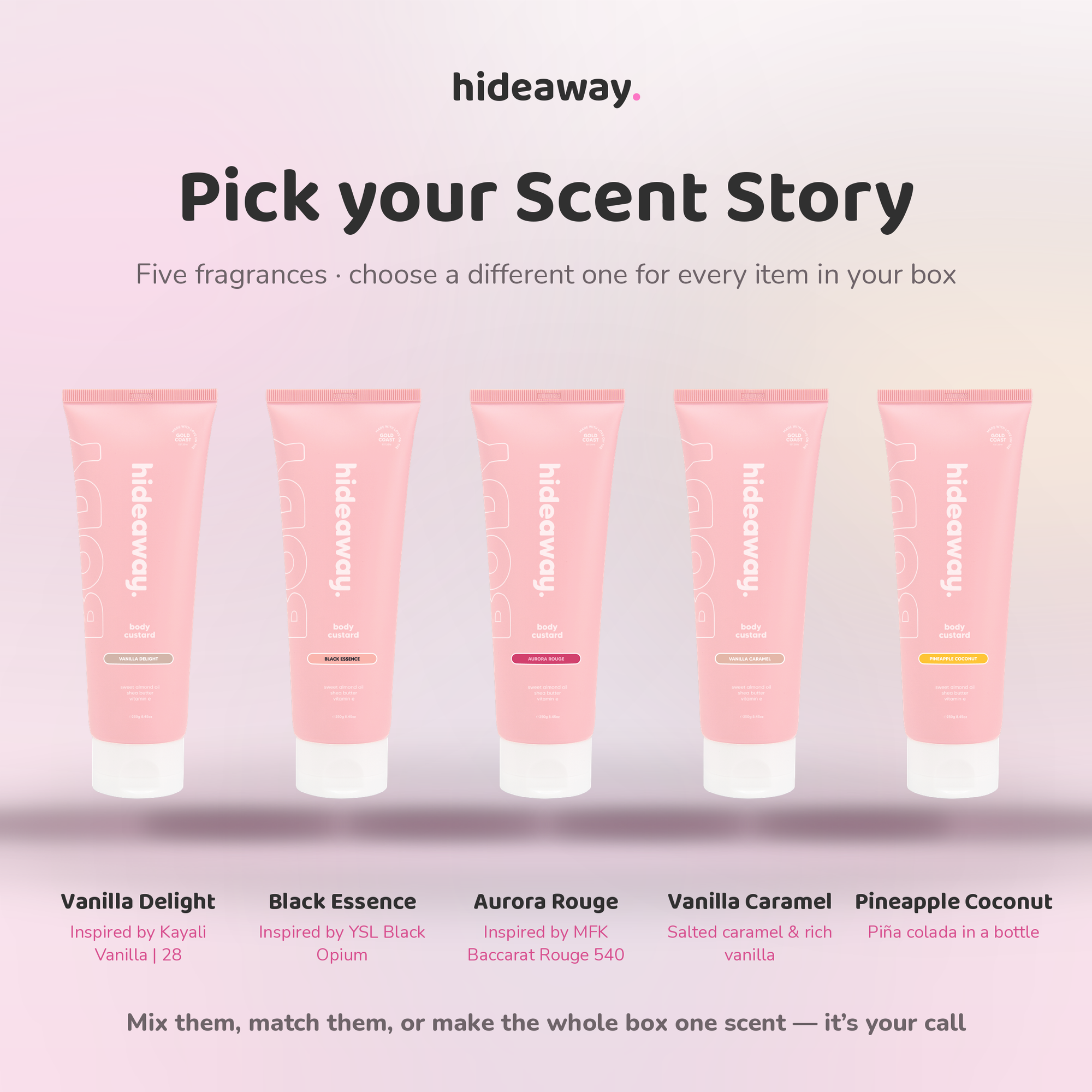 Pick your Scent Story — five fragrances, choose a different one for every item